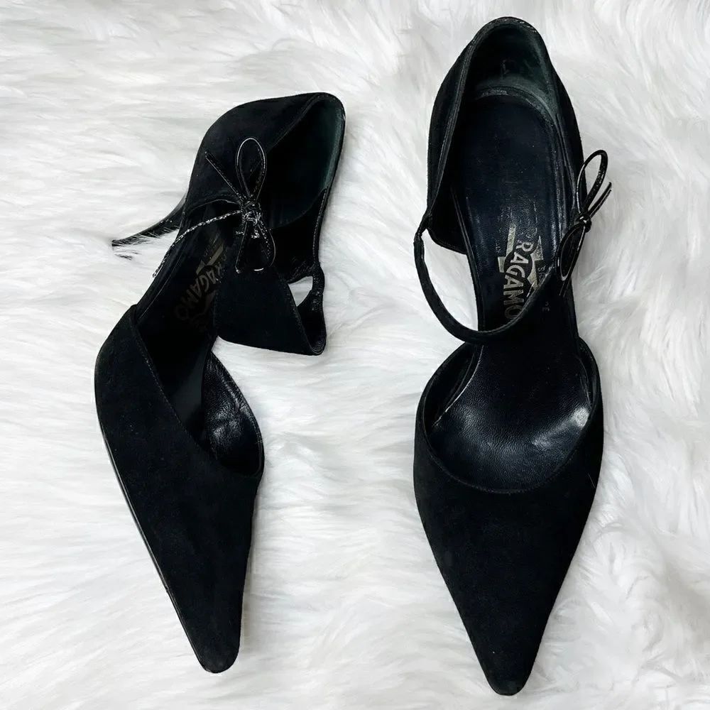 Salvatore Ferragamo Suede Pointed toe Kitten Heels Black Bow Tie Ankle Size 9.5
